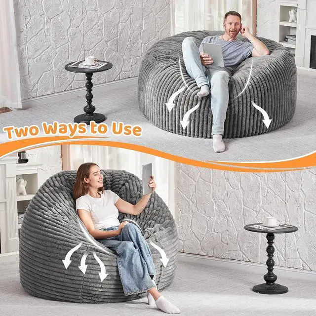 Alt view image 6 of 6 - 4FT Bean Bag Chair, 4' Large Bean Bag Chairs for Adults with Removable Stripe Plush Cover, Memory Foam Beanbag Chair for Living Room Bedroom Dorm (Grey)