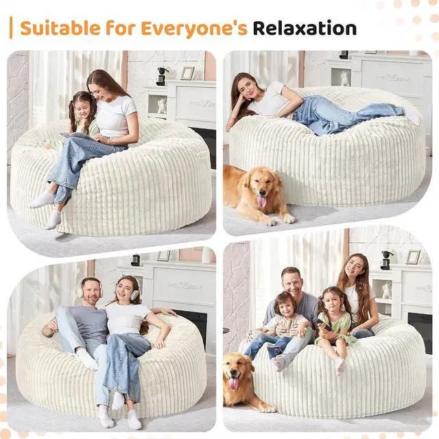 Alt view image 4 of 6 - 6FT Bean Bag Chair, 6' Large Bean Bag Chairs for Adults with Removable Stripe Plush Cover, Memory Foam Beanbag Chair for Living Room Bedroom DormWhite