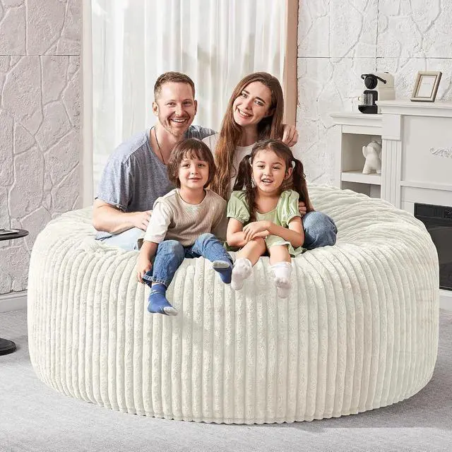 Alt view image 5 of 6 - 6FT Bean Bag Chair, 6' Large Bean Bag Chairs for Adults with Removable Stripe Plush Cover, Memory Foam Beanbag Chair for Living Room Bedroom DormWhite