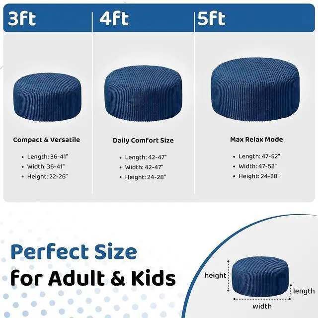 Alt view image 2 of 6 - 3FT Bean Bag Chair, 3' Large Bean Bag Chairs for Adults with Stripe Plush Cover, Memory Foam Beanbag Chair for Living Room Bedroom DormBlue