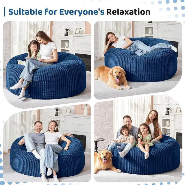 Alt view image 4 of 6 - 3FT Bean Bag Chair, 3' Large Bean Bag Chairs for Adults with Stripe Plush Cover, Memory Foam Beanbag Chair for Living Room Bedroom DormBlue