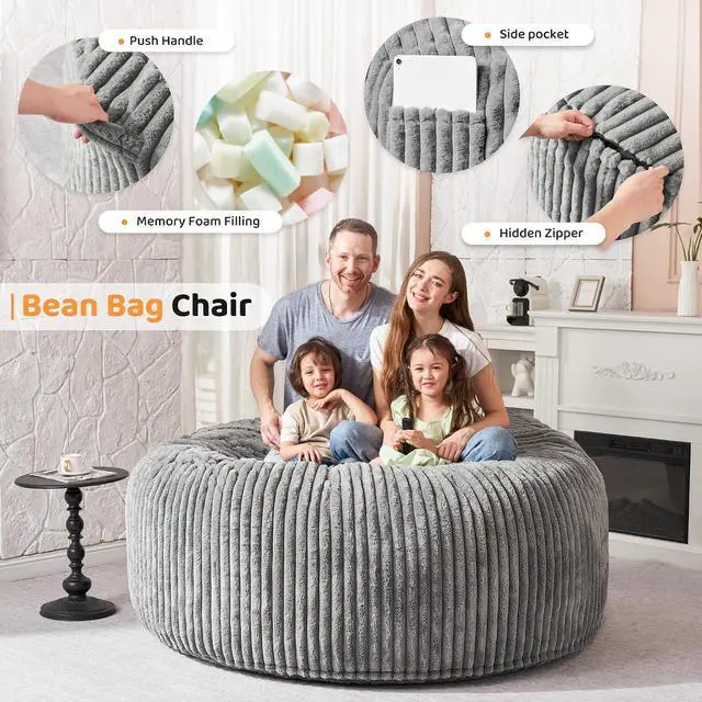 Alt view image 3 of 6 - 6FT Bean Bag Chair, 6' Large Bean Bag Chairs for Adults with Removable Stripe Plush Cover, Memory Foam Beanbag Chair for Living Room Bedroom DormGrey