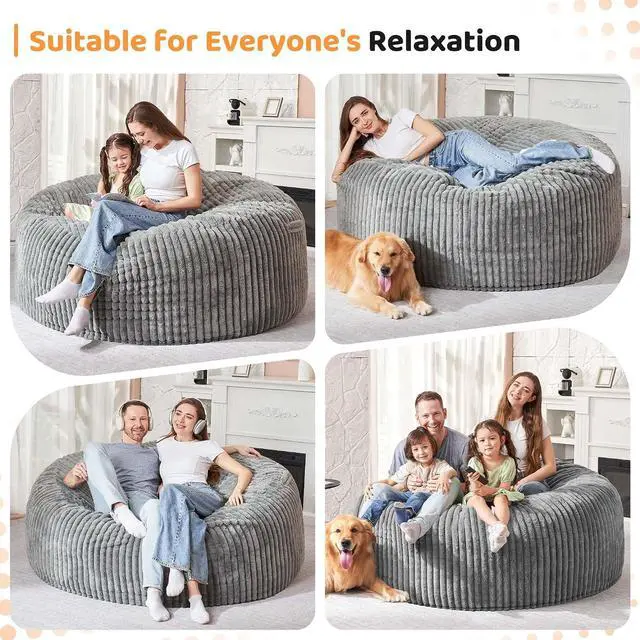 Alt view image 4 of 6 - 6FT Bean Bag Chair, 6' Large Bean Bag Chairs for Adults with Removable Stripe Plush Cover, Memory Foam Beanbag Chair for Living Room Bedroom DormGrey