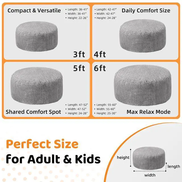 Alt view image 2 of 6 - 6FT Bean Bag Chair, 6' Large Bean Bag Chairs for Adults with Removable Stripe Plush Cover, Memory Foam Beanbag Chair for Living Room Bedroom DormGrey