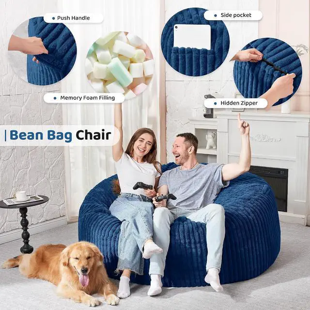 Alt view image 3 of 6 - 5FT Bean Bag Chair, 5' Large Bean Bag Chairs for Adults with Removable Stripe Plush Cover, Memory Foam Beanbag Chair for Living Room Bedroom Dorm (Blue)