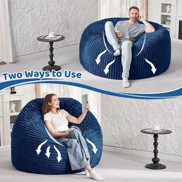 Alt view image 6 of 6 - 3FT Bean Bag Chair, 3' Large Bean Bag Chairs for Adults with Stripe Plush Cover, Memory Foam Beanbag Chair for Living Room Bedroom DormBlue