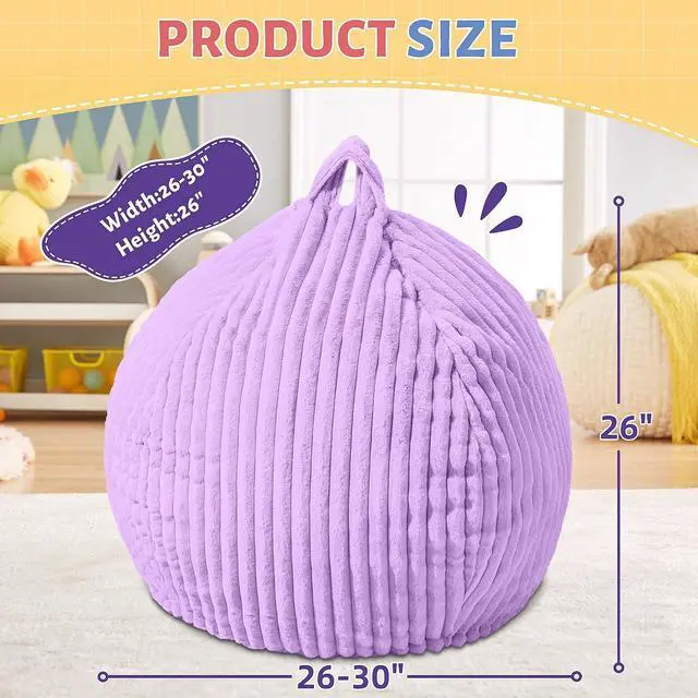 Alt view image 2 of 6 - 2FT Bean Bag Chair, 2' Bean Bag Chairs with Memory Foam Filled, Small Comfy Beanbag Chair with Stripe Plush Cover for Living Room Bedroom DormPurple
