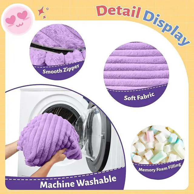 Alt view image 3 of 6 - 2FT Bean Bag Chair, 2' Bean Bag Chairs with Memory Foam Filled, Small Comfy Beanbag Chair with Stripe Plush Cover for Living Room Bedroom DormPurple