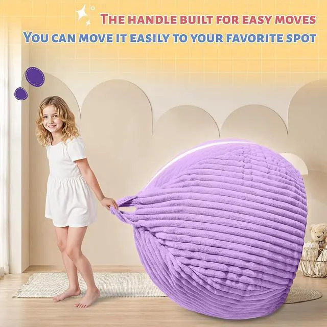 Alt view image 4 of 6 - 2FT Bean Bag Chair, 2' Bean Bag Chairs with Memory Foam Filled, Small Comfy Beanbag Chair with Stripe Plush Cover for Living Room Bedroom DormPurple