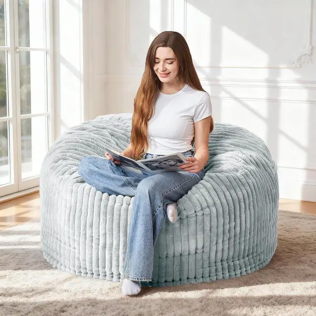 Main image of 3FT Bean Bag Chair, 3' Large Bean Bag Chairs for Adults with Stripe Plush Cover, Memory Foam Beanbag Chair for Living Room Bedroom DormLight Grey