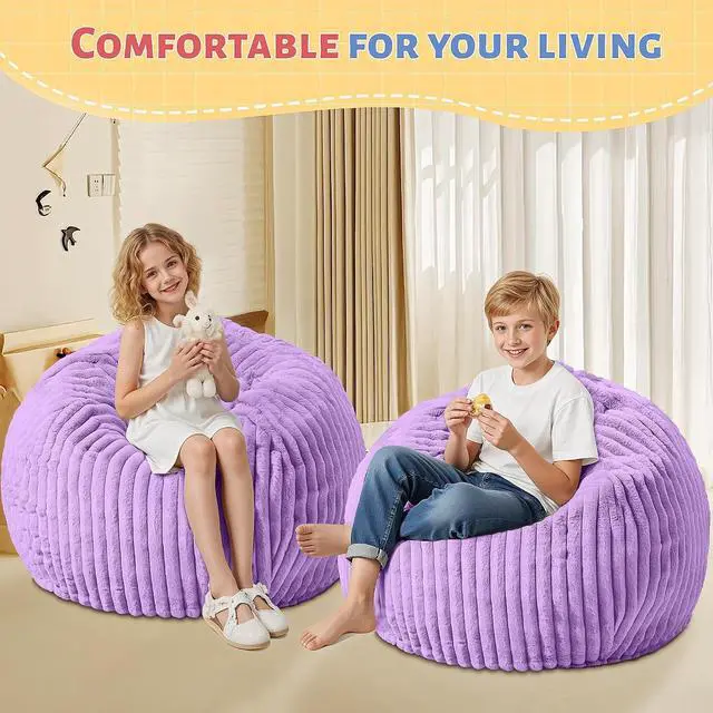 Alt view image 6 of 6 - 2FT Bean Bag Chair, 2' Bean Bag Chairs with Memory Foam Filled, Small Comfy Beanbag Chair with Stripe Plush Cover for Living Room Bedroom DormPurple