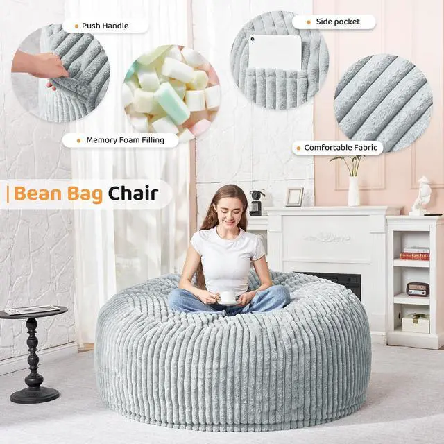 Alt view image 3 of 6 - 3FT Bean Bag Chair, 3' Large Bean Bag Chairs for Adults with Stripe Plush Cover, Memory Foam Beanbag Chair for Living Room Bedroom DormLight Grey