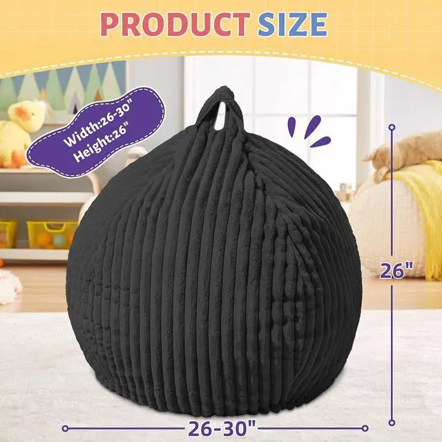 Alt view image 2 of 6 - 2FT Bean Bag Chair, 2' Bean Bag Chairs with Memory Foam Filled, Small Comfy Beanbag Chair with Stripe Plush Cover for Living Room Bedroom Dorm, Black
