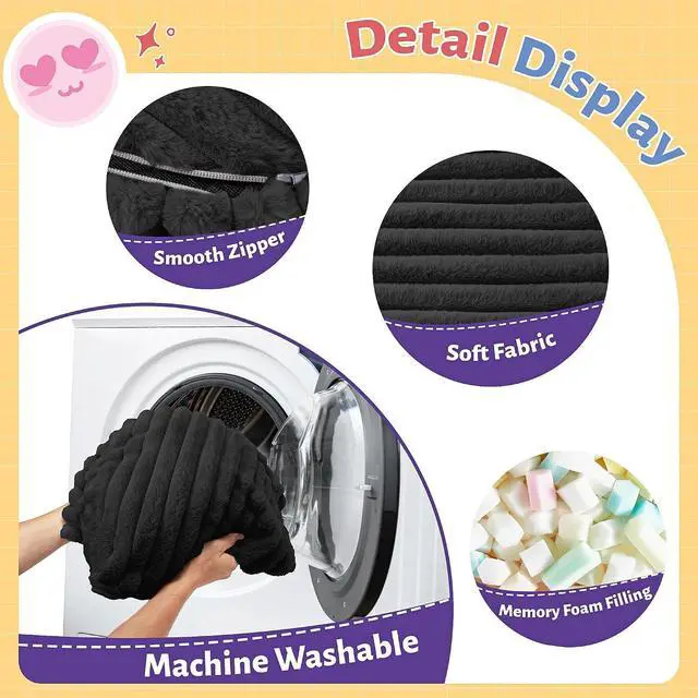 Alt view image 3 of 6 - 2FT Bean Bag Chair, 2' Bean Bag Chairs with Memory Foam Filled, Small Comfy Beanbag Chair with Stripe Plush Cover for Living Room Bedroom Dorm, Black