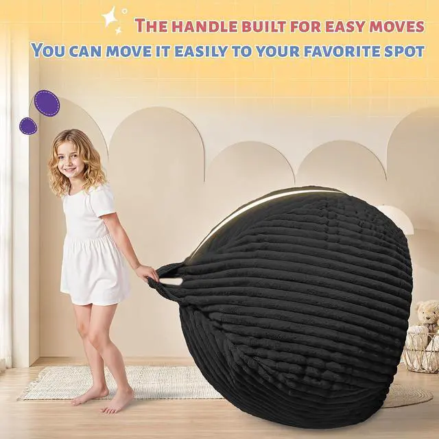 Alt view image 4 of 6 - 2FT Bean Bag Chair, 2' Bean Bag Chairs with Memory Foam Filled, Small Comfy Beanbag Chair with Stripe Plush Cover for Living Room Bedroom Dorm, Black
