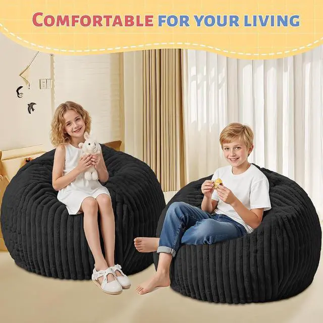 Alt view image 6 of 6 - 2FT Bean Bag Chair, 2' Bean Bag Chairs with Memory Foam Filled, Small Comfy Beanbag Chair with Stripe Plush Cover for Living Room Bedroom Dorm, Black