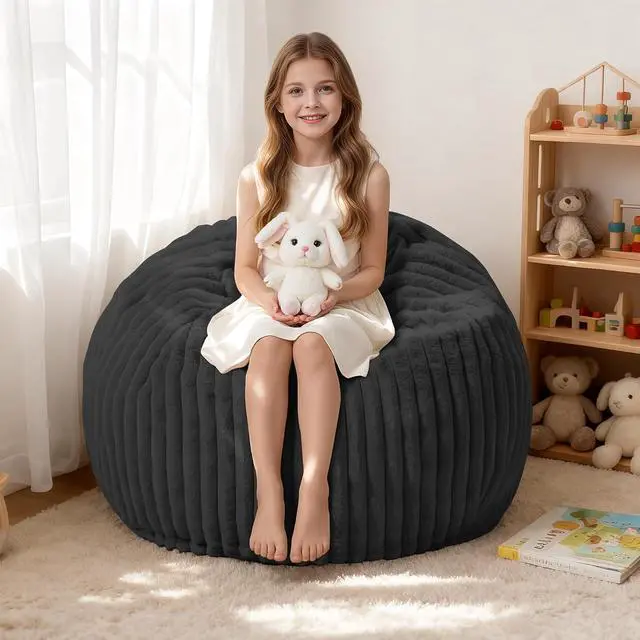 Main image of 2FT Bean Bag Chair, 2' Bean Bag Chairs with Memory Foam Filled, Small Comfy Beanbag Chair with Stripe Plush Cover for Living Room Bedroom Dorm, Black