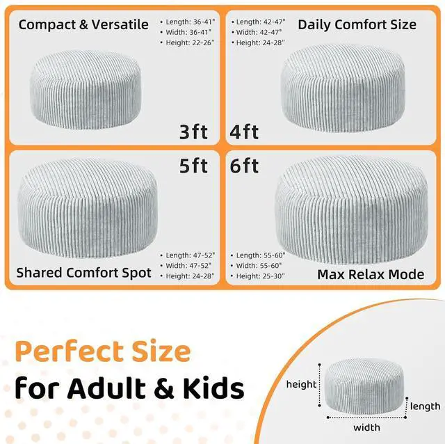 Alt view image 2 of 6 - 3FT Bean Bag Chair, 3' Large Bean Bag Chairs for Adults with Stripe Plush Cover, Memory Foam Beanbag Chair for Living Room Bedroom DormLight Grey