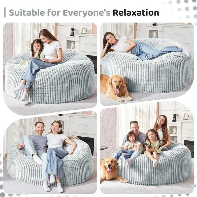 Alt view image 4 of 6 - 3FT Bean Bag Chair, 3' Large Bean Bag Chairs for Adults with Stripe Plush Cover, Memory Foam Beanbag Chair for Living Room Bedroom DormLight Grey