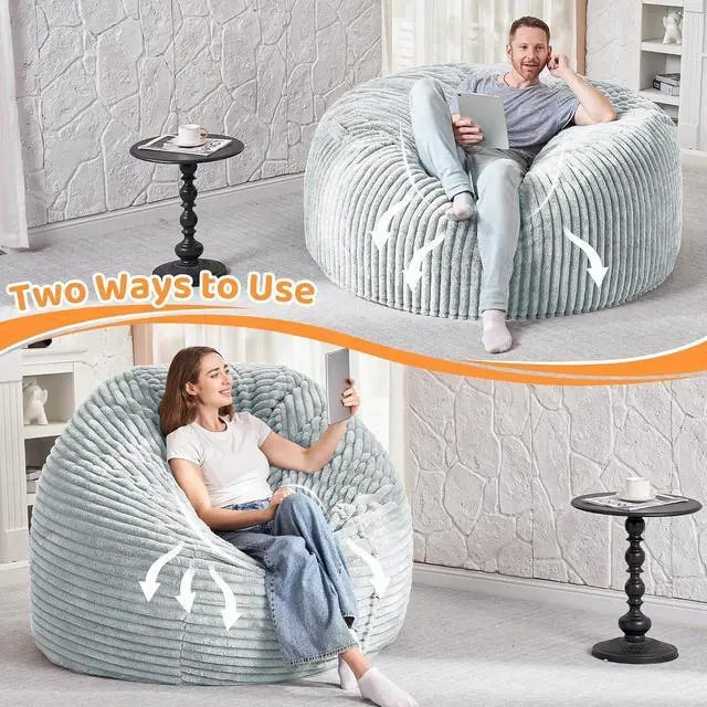 Alt view image 6 of 6 - 3FT Bean Bag Chair, 3' Large Bean Bag Chairs for Adults with Stripe Plush Cover, Memory Foam Beanbag Chair for Living Room Bedroom DormLight Grey