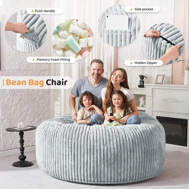 Alt view image 3 of 6 - 6FT Bean Bag Chair, 6' Large Bean Bag Chairs for Adults with Removable Stripe Plush Cover, Memory Foam Beanbag Chair for Living Room Bedroom DormLight Grey