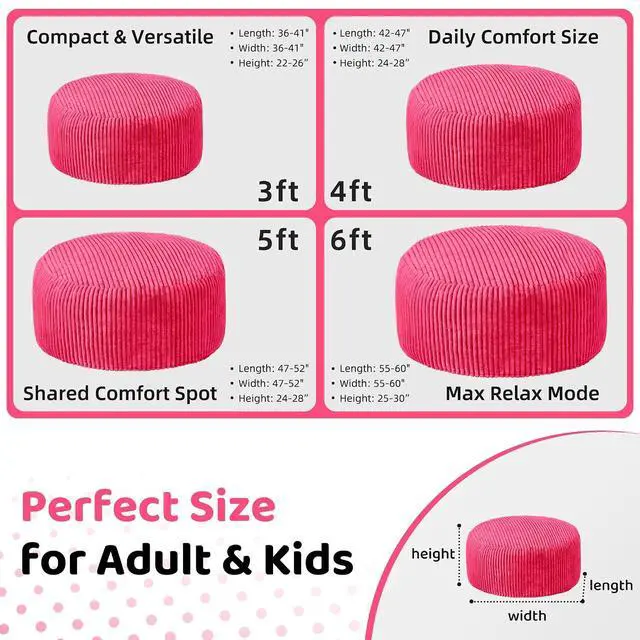 Alt view image 2 of 6 - 6FT Bean Bag Chair, 6' Large Bean Bag Chairs for Adults with Removable Stripe Plush Cover, Memory Foam Beanbag Chair for Living Room Bedroom DormPink