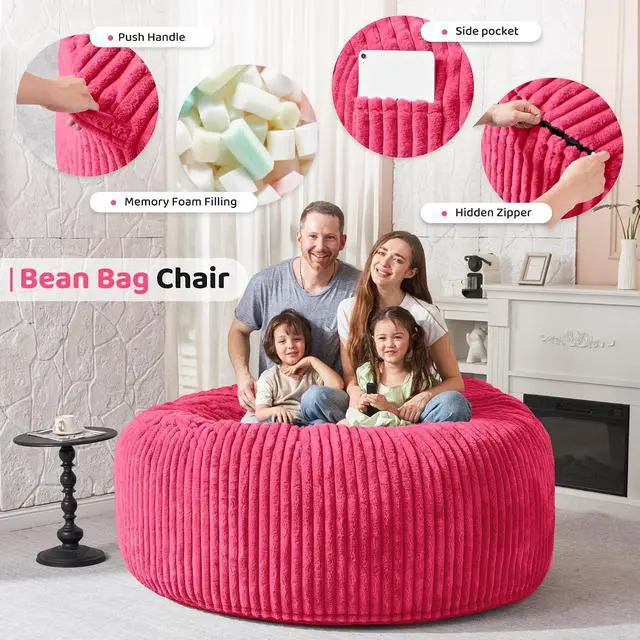 Alt view image 3 of 6 - 6FT Bean Bag Chair, 6' Large Bean Bag Chairs for Adults with Removable Stripe Plush Cover, Memory Foam Beanbag Chair for Living Room Bedroom DormPink