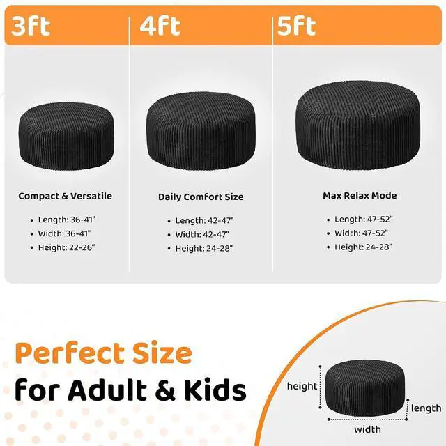 Alt view image 2 of 6 - 5FT Bean Bag Chair, 5' Large Bean Bag Chairs for Adults with Removable Stripe Plush Cover, Memory Foam Beanbag Chair for Living Room Bedroom Dorm (Black)