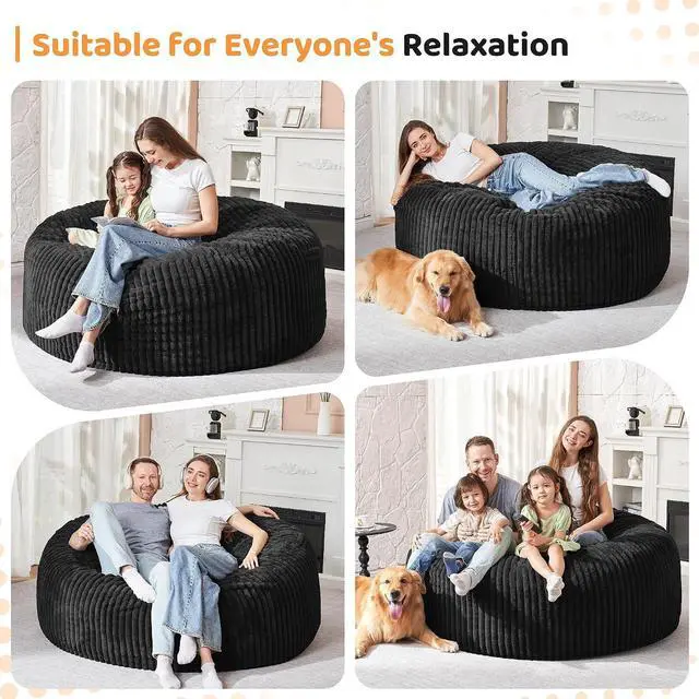 Alt view image 4 of 6 - 5FT Bean Bag Chair, 5' Large Bean Bag Chairs for Adults with Removable Stripe Plush Cover, Memory Foam Beanbag Chair for Living Room Bedroom Dorm (Black)
