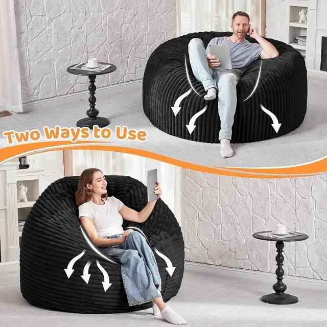 Alt view image 6 of 6 - 5FT Bean Bag Chair, 5' Large Bean Bag Chairs for Adults with Removable Stripe Plush Cover, Memory Foam Beanbag Chair for Living Room Bedroom Dorm (Black)