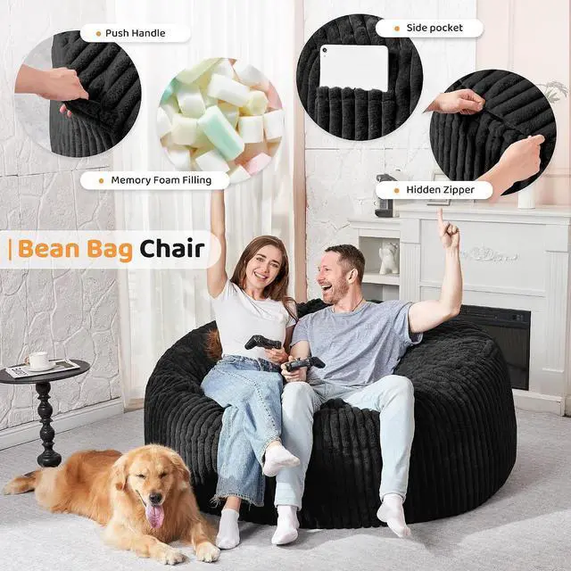 Alt view image 3 of 6 - 5FT Bean Bag Chair, 5' Large Bean Bag Chairs for Adults with Removable Stripe Plush Cover, Memory Foam Beanbag Chair for Living Room Bedroom Dorm (Black)