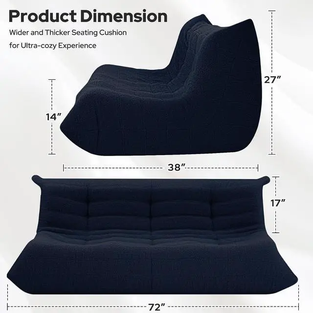 Alt view image 2 of 7 - Bean Bag Chairs Fireside Lazy Floor Sofa, Soft Teddy Fleece 3 Seater Sofa with High-Resilience Foam FillingBeanbag for Living Room, Bedroom, Office (Navy Blue Teddy)