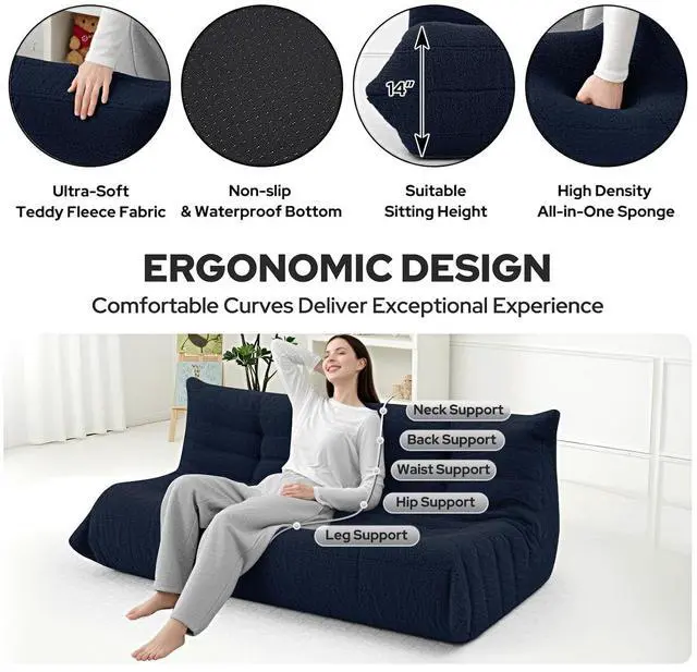 Alt view image 3 of 7 - Bean Bag Chairs Fireside Lazy Floor Sofa, Soft Teddy Fleece 3 Seater Sofa with High-Resilience Foam FillingBeanbag for Living Room, Bedroom, Office (Navy Blue Teddy)