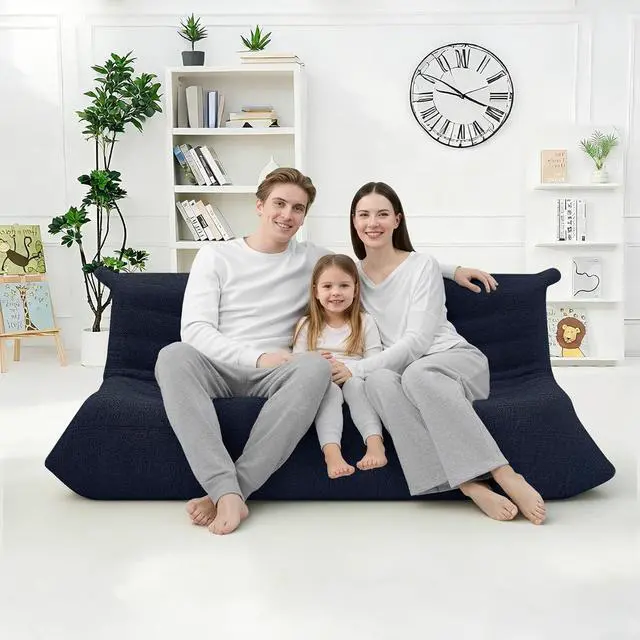Alt view image 4 of 7 - Bean Bag Chairs Fireside Lazy Floor Sofa, Soft Teddy Fleece 3 Seater Sofa with High-Resilience Foam FillingBeanbag for Living Room, Bedroom, Office (Navy Blue Teddy)