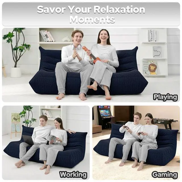 Alt view image 5 of 7 - Bean Bag Chairs Fireside Lazy Floor Sofa, Soft Teddy Fleece 3 Seater Sofa with High-Resilience Foam FillingBeanbag for Living Room, Bedroom, Office (Navy Blue Teddy)