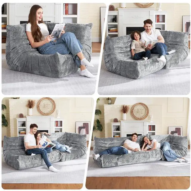 Alt view image 3 of 6 - Bean Bag Chair, Memory Foam Bean Bag Chairs for Adults, Fireside Corner Chair Lazy Floor Corner Sofa for Living Room, Bedroom, Dorm, Office (Light Grey)