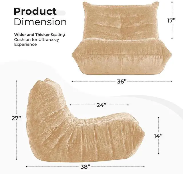 Alt view image 2 of 7 - Bean Bag Chair, Giant Bean Bag Chairs for Adults, Bean Bag Sofa with Filler Faux Fur, Memory Foam Bean Bag Couches Fireside Lazy Sofa for Living Room, Bedroom, Office (Khaki)