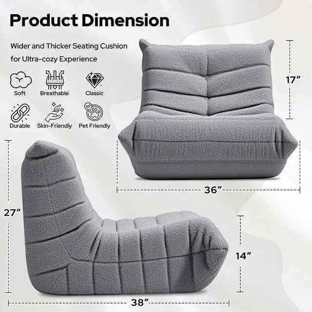 Alt view image 2 of 6 - Bean Bag Chairs Fireside Lazy Floor Sofa, Soft Teddy Fleece Bean Bag Sofa with High-Resilience Foam FillingBeanbag for Living Room, Bedroom, Office(Light Gray Teddy)
