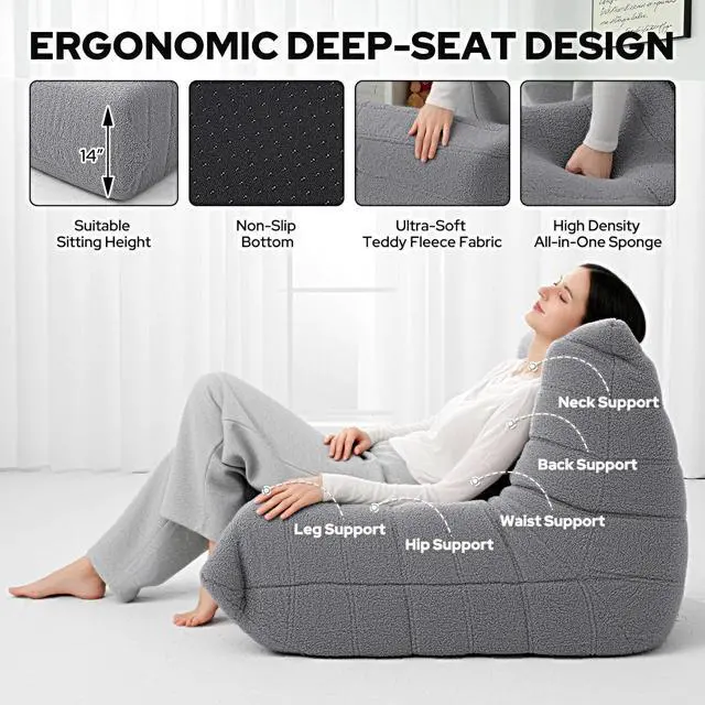 Alt view image 3 of 6 - Bean Bag Chairs Fireside Lazy Floor Sofa, Soft Teddy Fleece Bean Bag Sofa with High-Resilience Foam FillingBeanbag for Living Room, Bedroom, Office(Light Gray Teddy)