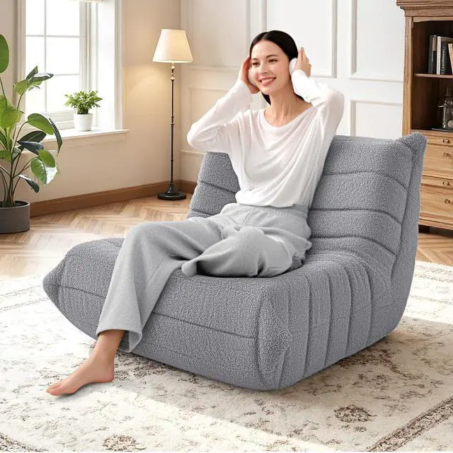 Alt view image 4 of 6 - Bean Bag Chairs Fireside Lazy Floor Sofa, Soft Teddy Fleece Bean Bag Sofa with High-Resilience Foam FillingBeanbag for Living Room, Bedroom, Office(Light Gray Teddy)