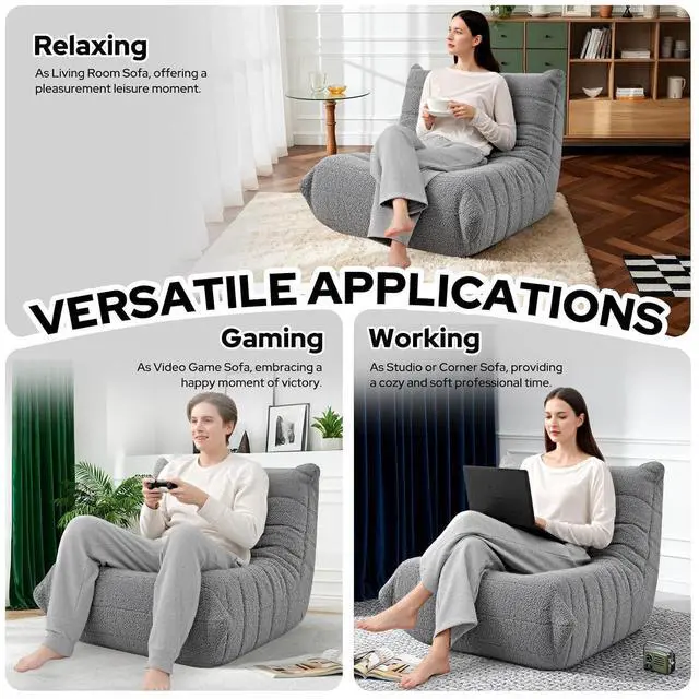 Alt view image 5 of 6 - Bean Bag Chairs Fireside Lazy Floor Sofa, Soft Teddy Fleece Bean Bag Sofa with High-Resilience Foam FillingBeanbag for Living Room, Bedroom, Office(Light Gray Teddy)