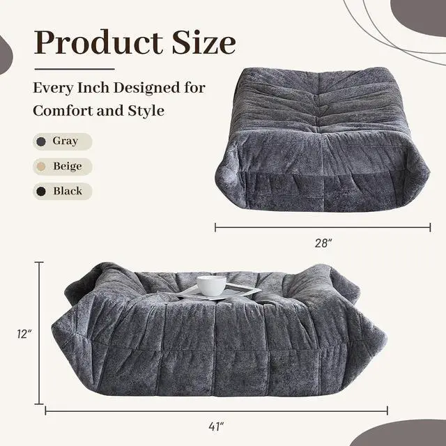 Alt view image 2 of 7 - Bean Bag Ottoman,Foot Rest,Fireside Chair Memory Foam Lazy Bean Bag Sofa for Living Room,Bedroom,Dorm,Office (Ottoman-Grey)