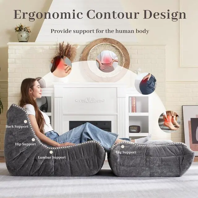 Alt view image 4 of 7 - Bean Bag Ottoman,Foot Rest,Fireside Chair Memory Foam Lazy Bean Bag Sofa for Living Room,Bedroom,Dorm,Office (Ottoman-Grey)