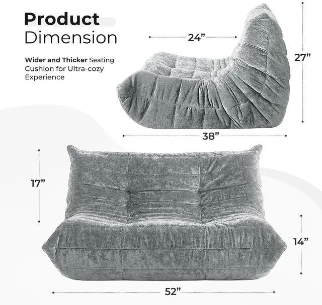 Alt view image 2 of 7 - Bean Bag Chair, Giant Bean Bag Chairs for Adults, Loveseat Fireside Chair, 2 Seater Lazy Bean Bag Sofa Memory Foam Couch for Living Room, Bedroom, Office (Light Grey)