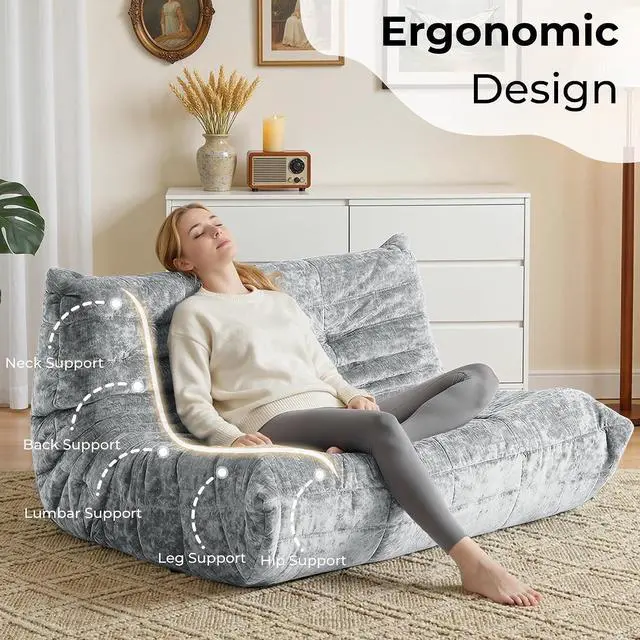 Alt view image 4 of 7 - Bean Bag Chair, Giant Bean Bag Chairs for Adults, Loveseat Fireside Chair, 2 Seater Lazy Bean Bag Sofa Memory Foam Couch for Living Room, Bedroom, Office (Light Grey)