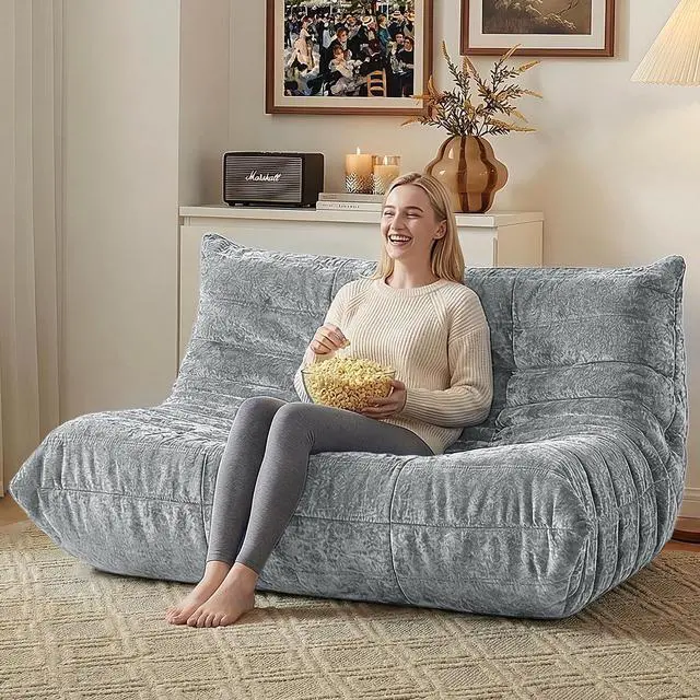 Alt view image 7 of 7 - Bean Bag Chair, Giant Bean Bag Chairs for Adults, Loveseat Fireside Chair, 2 Seater Lazy Bean Bag Sofa Memory Foam Couch for Living Room, Bedroom, Office (Light Grey)