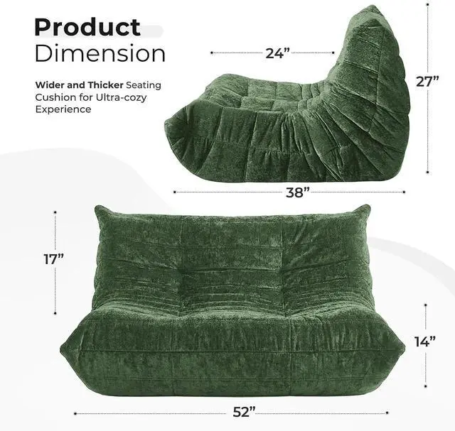 Alt view image 2 of 7 - Bean Bag Chair, Giant Bean Bag Chairs for Adults, Loveseat Fireside Chair, 2 Seater Lazy Bean Bag Sofa Memory Foam Couch for Living Room, Bedroom, Office (Green)