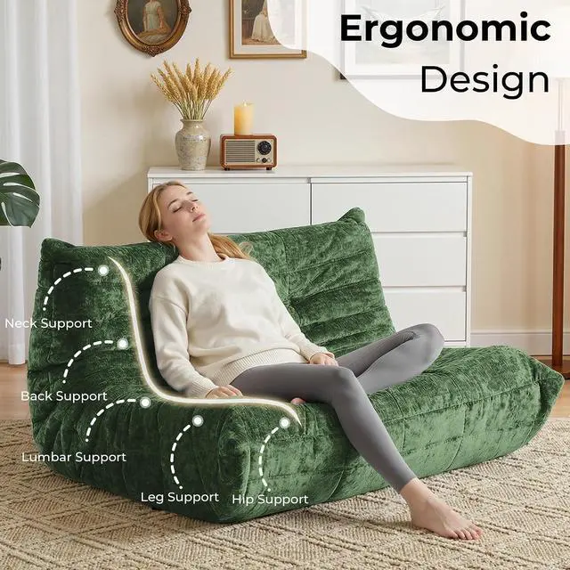 Alt view image 4 of 7 - Bean Bag Chair, Giant Bean Bag Chairs for Adults, Loveseat Fireside Chair, 2 Seater Lazy Bean Bag Sofa Memory Foam Couch for Living Room, Bedroom, Office (Green)