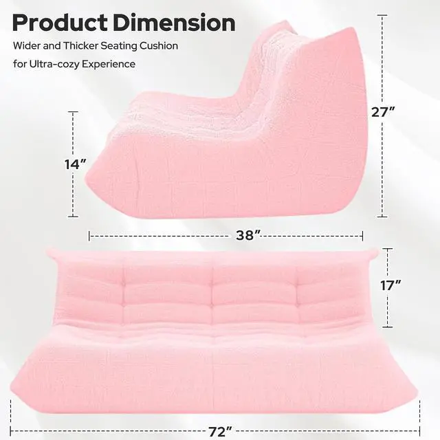Alt view image 2 of 7 - Bean Bag Chairs Fireside Lazy Floor Sofa, Soft Teddy Fleece 3 Seater Sofa with High-Resilience Foam FillingBeanbag for Living Room, Bedroom, Office (Pink Teddy)