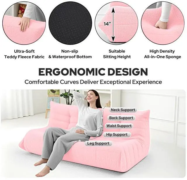 Alt view image 3 of 7 - Bean Bag Chairs Fireside Lazy Floor Sofa, Soft Teddy Fleece 3 Seater Sofa with High-Resilience Foam FillingBeanbag for Living Room, Bedroom, Office (Pink Teddy)